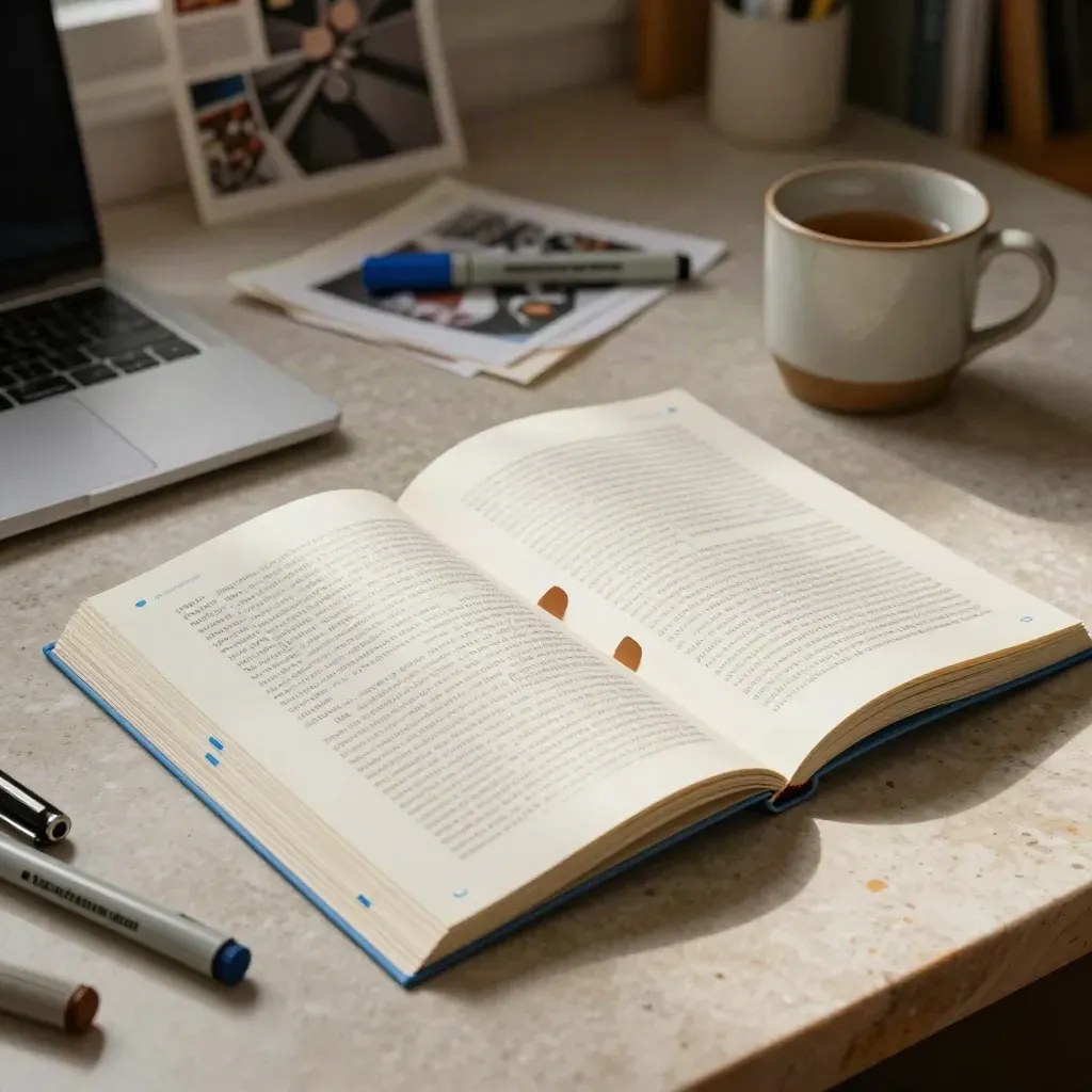 Open zine pages, markers, closed laptop, tea mug and blurred collage notes on a cozy studio desk.