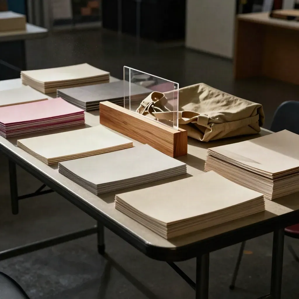 Zine fair table with stacks, risers, tote bag, and display in morning light