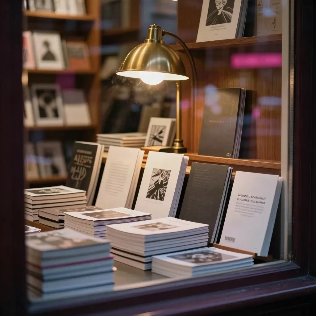 Bookstore window at dusk with zines, paperbacks, and a lamp in layered reflections.