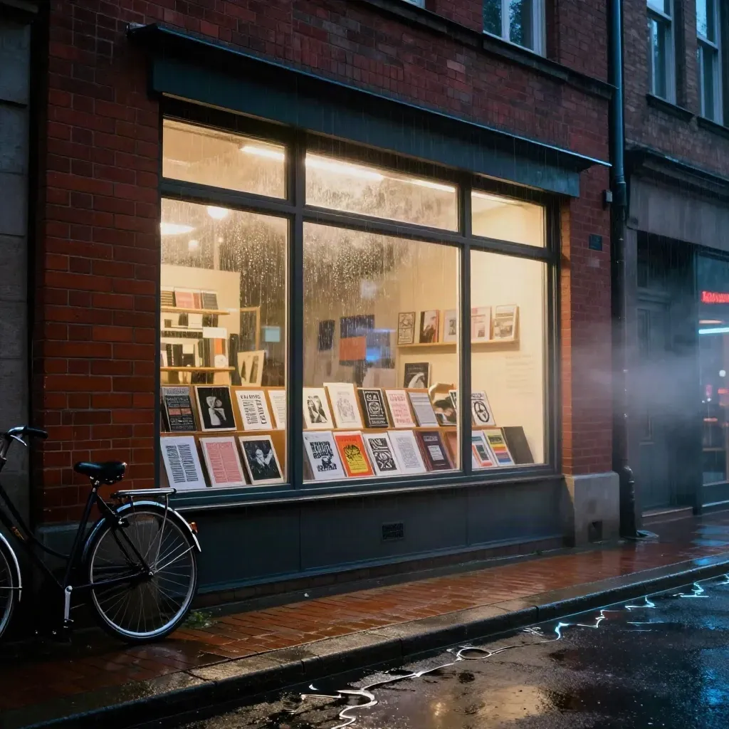 Wet Berlin shopfront with glowing zines, bicycle wheels, and rain-slick brick paving at night.