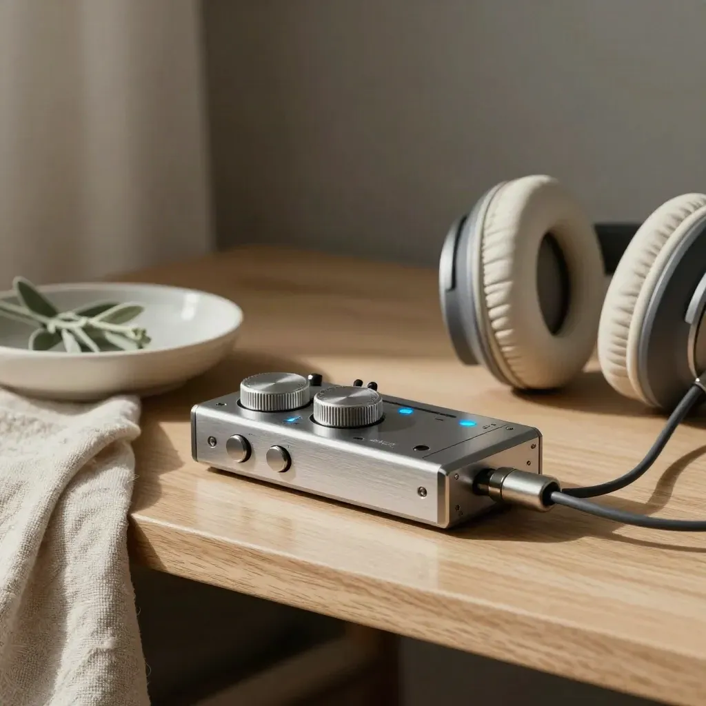 Audio recorder and headphones with ceramic dish on pale oak, lit by side light.