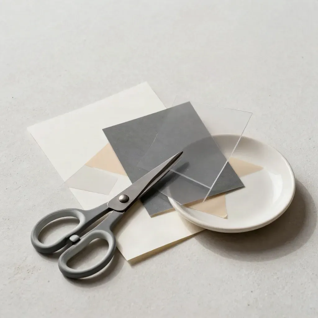 Paper collage blocks, acetate sheets, scissors and a ceramic dish on a plaster sweep.